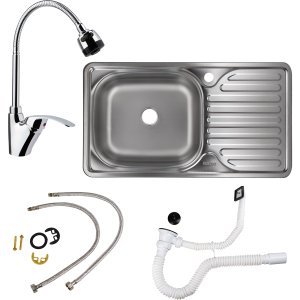 Pachet chiuveta bucatarie + baterie Freddo SET7002S, cuva stanga, inox, 760x435 mm, adancime cuva 160mm, Sifon Q32 preaplin