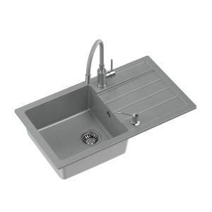 Set chiuveta de bucatarie, MyQ, 770 x 440 mm, Cu Sifon Clasic, Baterie Bucatarie, Dozator sapun, Gri