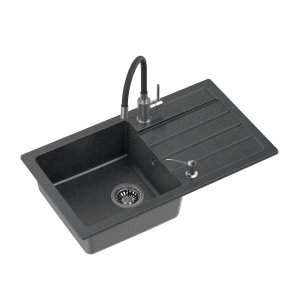 Set chiuveta de bucatarie, MyQ, 770 x 440 mm, Sifon Clasic, Baterie Bucatarie, Dozator sapun, Negru