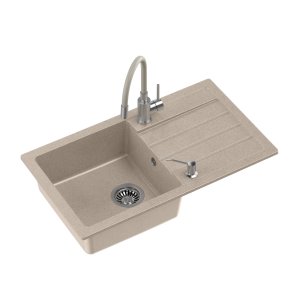 Set chiuveta de bucatarie, MyQ, 770 x 440 mm, Cu Sifon Clasic, Baterie Bucatarie, Dozator sapun, Bej